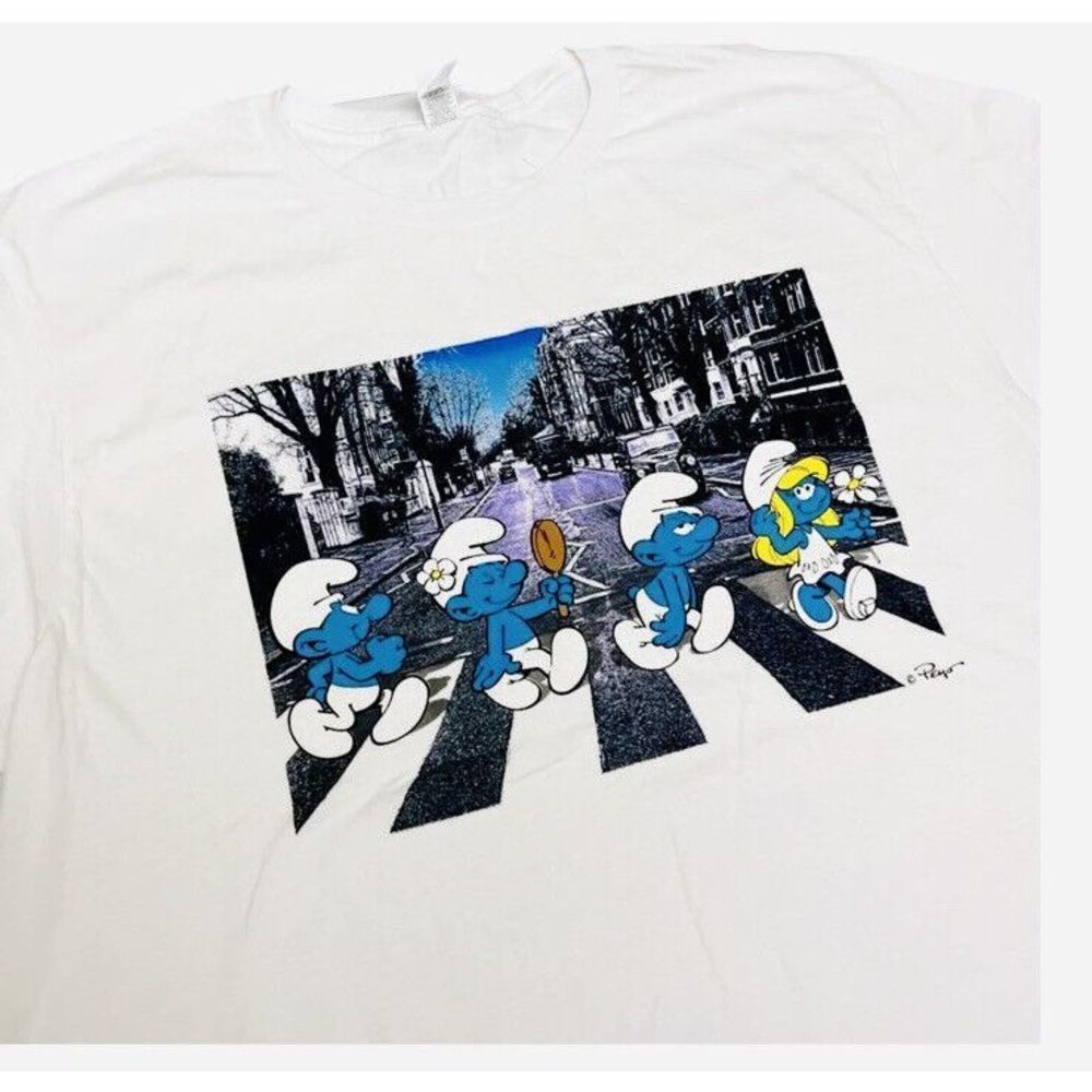 Smurfs Mens L Abbey Road‎ T-Shirt Beetles Novelty Papa Smurfette Music Cartoon